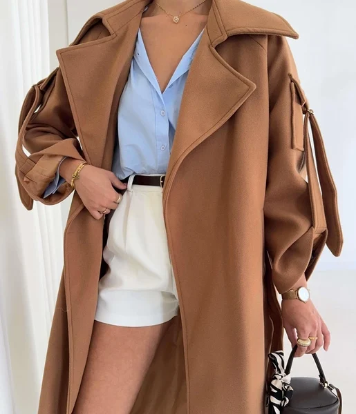 Geniş Yaka Kemerli Adel Camel Kadın Kaban