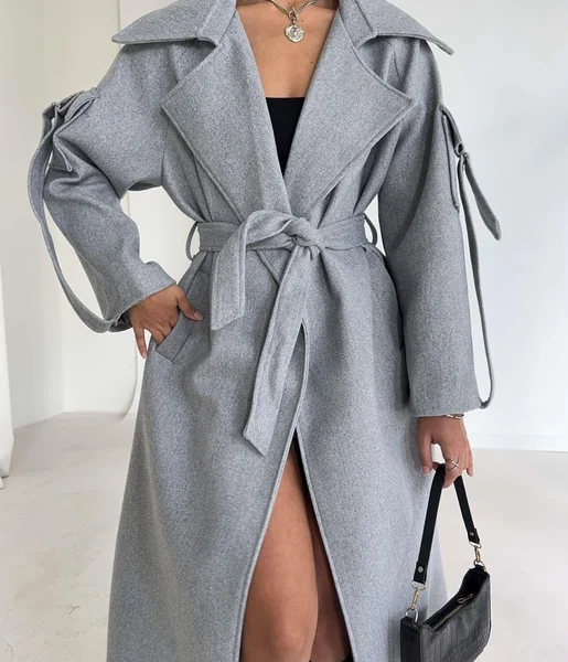 Geniş Yaka Kemerli Adel Gri Kadın Kaban