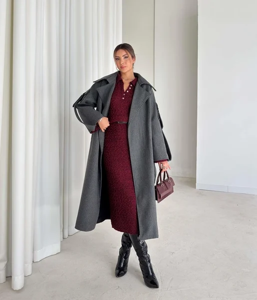 Geniş Yaka Kemerli Adel Antrasit Kadın Kaban