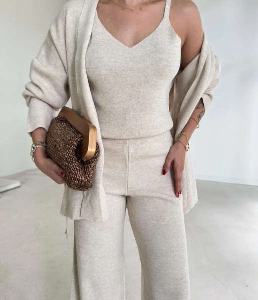 Hırkası Kuşaklı V Yaka Askılı Alint Üçlü Kadın Taş Triko Takım