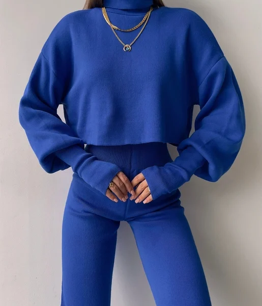 Balıkçı Yaka Üst Geniş Paça Alt London Kadın Saks Triko Takım