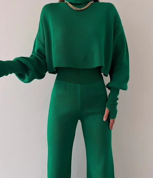 Balıkçı Yaka Üst Geniş Paça Alt London Kadın Zümrüt Triko Takım