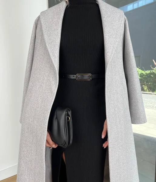 Belden Kuşaklı Yanları Cep Detaylı Stefan Kadın Gri Kaşe Kaban