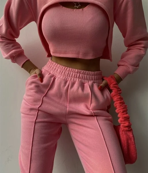 Crop atlet Bolero Sweat Lastik Bel Alt Elaina Kadın Pembe Üçlü Eşofman Takım