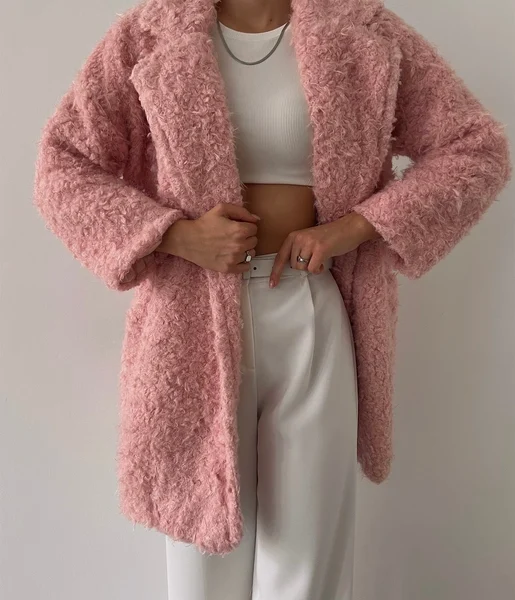 Yanları Cepli Florus Kadın Pudra Peluş Kaban