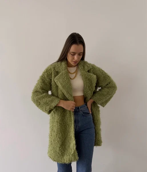 Yanları Cepli Florus Kadın Yeşil Peluş Kaban