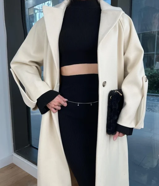 Önü düğme Detaylı Oversize Ganire Kadın Taş Kaban