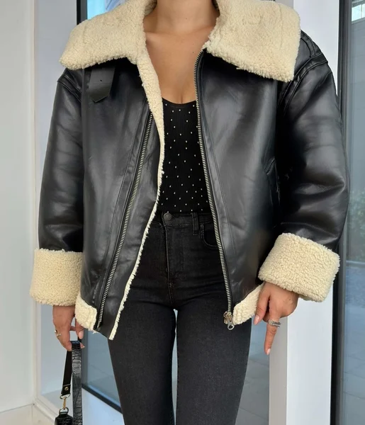 Vegan Deri İçi Peluş Fermuar Kapamalı Gerald Siyah Kadın Mont