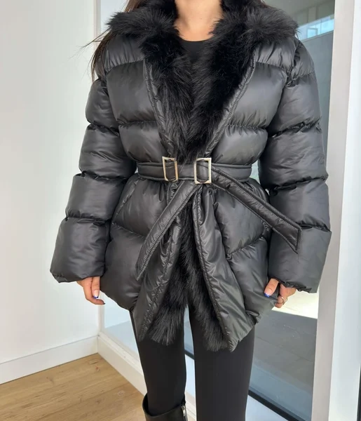 İçi Kürklü Beli Kemerli Hana Siyah Kadın Şişme Mont