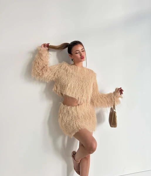 Püsküllü Crop Mini Hanli Bej Kadın İkili Etekli Takım