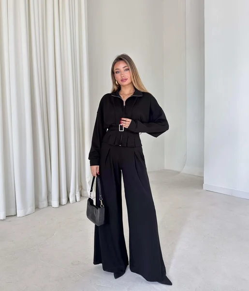 Fermuar Detaylı Beli Kemerli Alt Kısmı Pileli Herli Siyah Kadın İkili Takım