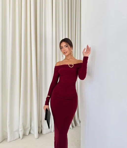 Omuz Detaylı Yırtmaçlı İren Bordo Kadın elbise