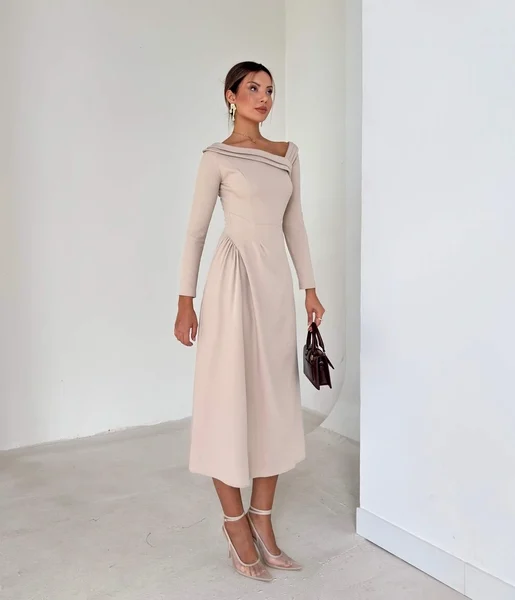 Asimetrik Yaka Uzun Kollu Keyli Taş Kadın Midi Elbise