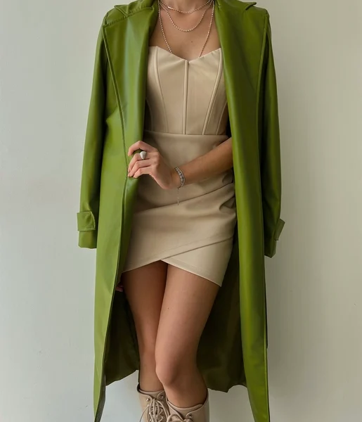 Kolları Kemer Görünümlü Beli Kemerli Adali Kadın Yeşil Vegan Deri Kaban