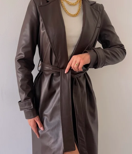 Kolları Kemer Görünümlü Beli Kemerli Adali Kadın Kahve Vegan Deri Kaban