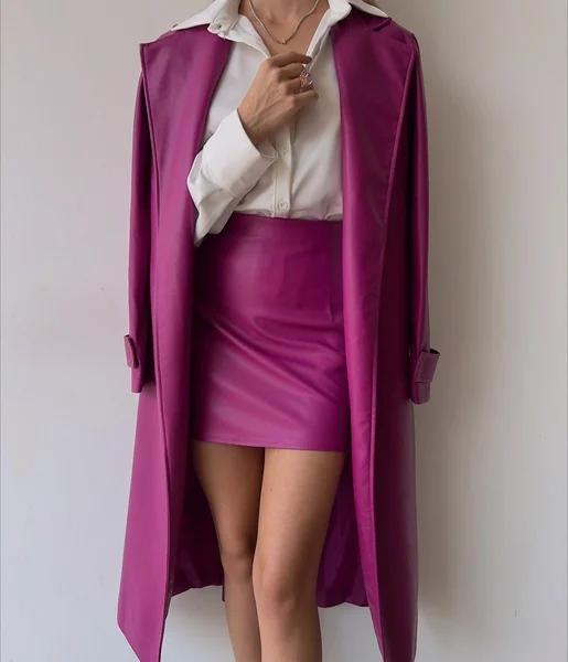 Kolları Kemer Görünümlü Beli Kemerli Adali Kadın Fuşya Vegan Deri Kaban