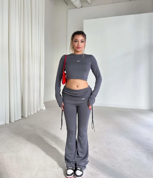 Yandan Ayarlanabilir İp Detaylı İspanyol Paça Basic Laran Antrasit Kadın İkili Takım