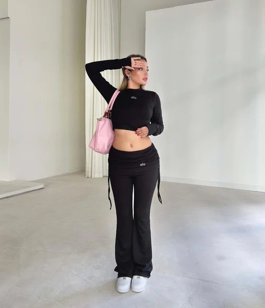 Yandan Ayarlanabilir İp Detaylı İspanyol Paça Basic Laran Siyah Kadın İkili Takım