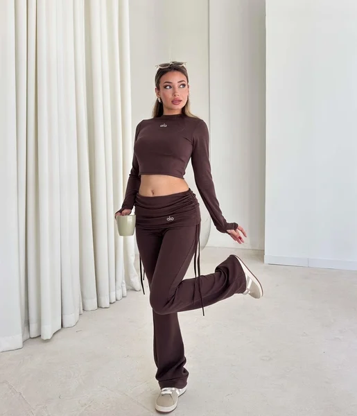 Yandan Ayarlanabilir İp Detaylı İspanyol Paça Basic Laran Kahve Kadın İkili Takım