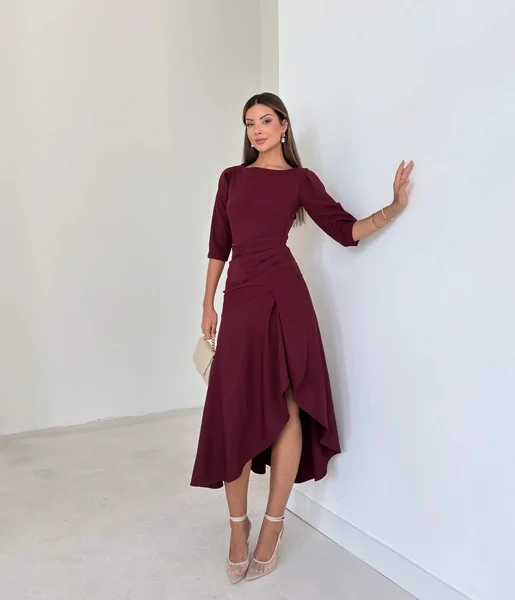Ön Beden Drapeli Pileli Lemda Bordo Kadın Elbise