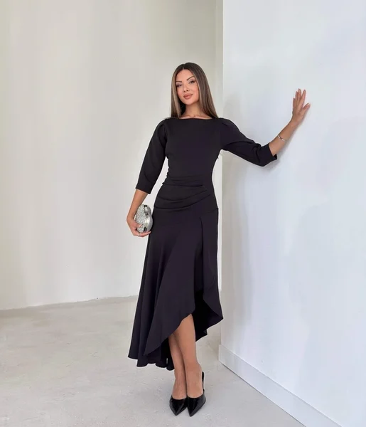 Ön Beden Drapeli Pileli Lemda Siyah Kadın Elbise