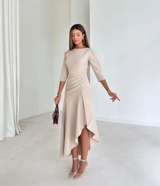 Ön Beden Drapeli Pileli Lemda Bej Kadın Elbise