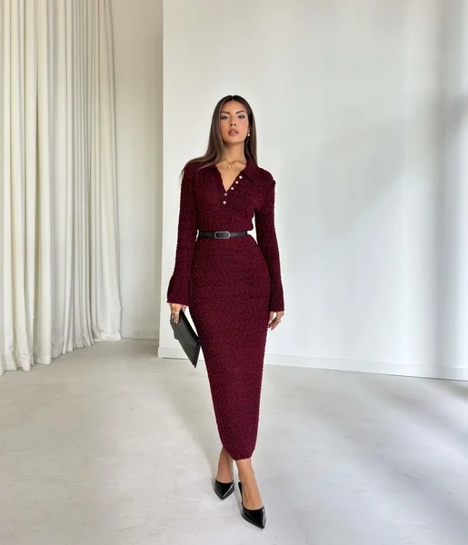 Düğme Detaylı Maxi Boy Lisa Bordo Kadın Elbise