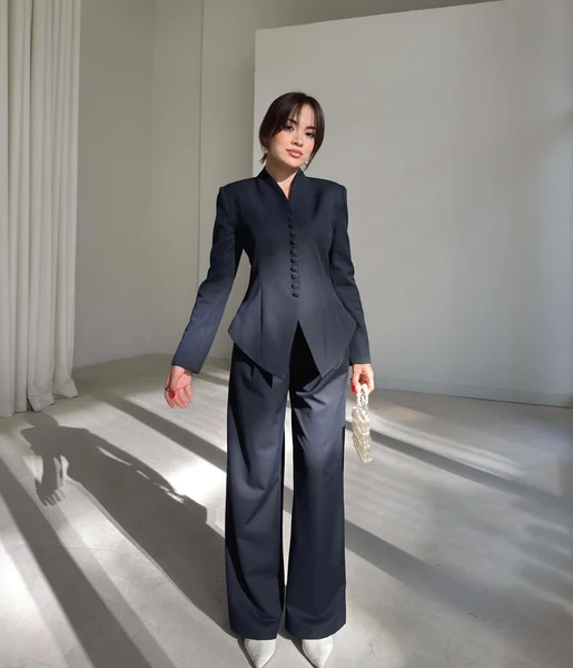 Önü Düğmeli Hakim Yaka Malri Lacivert Kadın İkili Takım