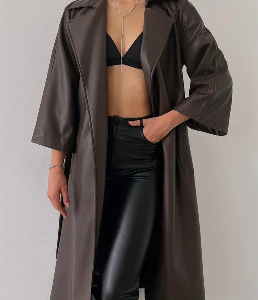 Önden Kuşak Bağlamalı Yarım Geniş Kol Maysa Kadın Kahve Vegan Deri Kaban