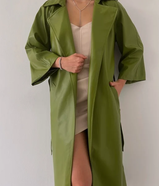 Önden Kuşak Bağlamalı Yarım Geniş Kol Maysa Kadın Yeşil Vegan Deri Kaban