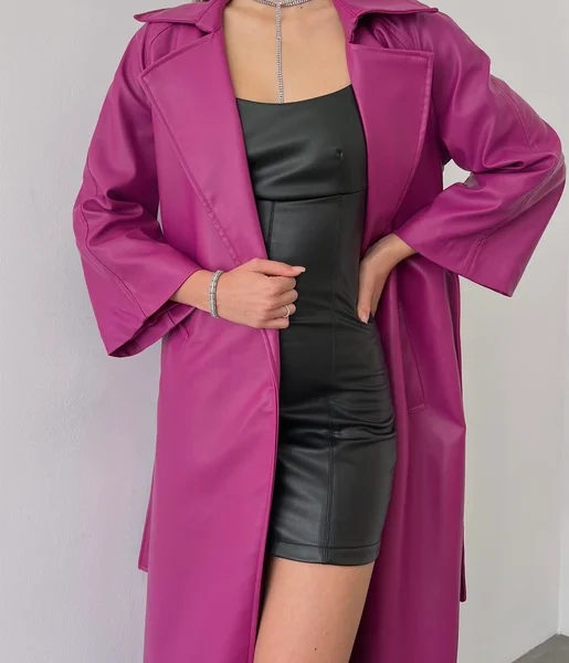 Önden Kuşak Bağlamalı Yarım Geniş Kol Maysa Kadın Fuşya Vegan Deri Kaban