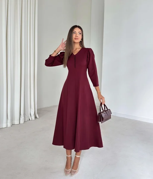 Düğme Detaylı V Yaka Melda Bordo Kadın Elbise