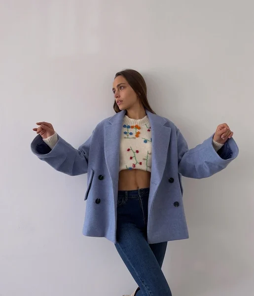 Önü Düğme Kapamalı Oversize Rosana Kadın Mavi Kaban