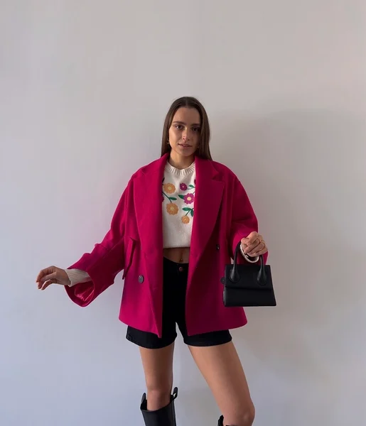 Önü Düğme Kapamalı Oversize Rosana Kadın Fuşya Kaban