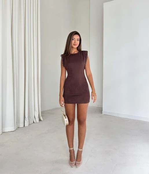 Vatkalı Omuz Taş Detaylı Pelda Kahve Kadın elbise