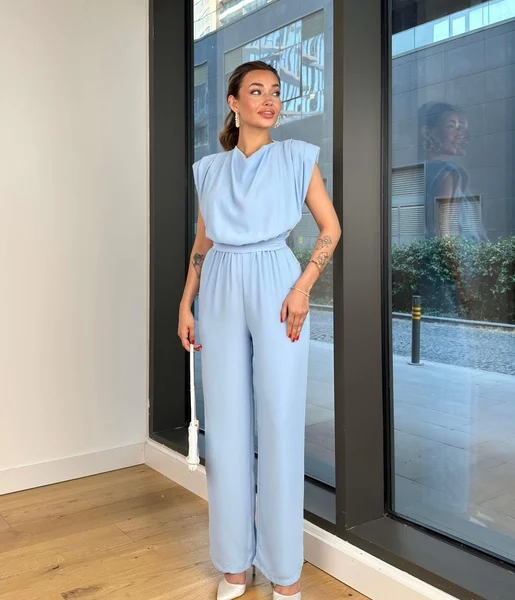 Belden Bağlamalı Peska Mavi Kadın Bol Paça Tulum