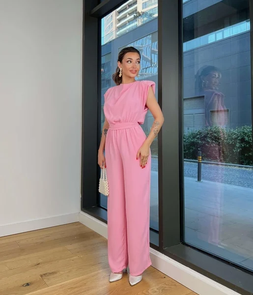 Belden Bağlamalı Peska Pembe Kadın Bol Paça Tulum