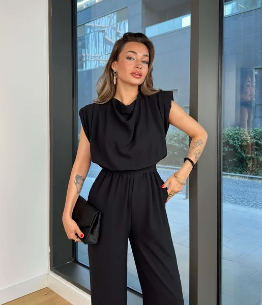 Belden Bağlamalı Peska Siyah Kadın Bol Paça Tulum