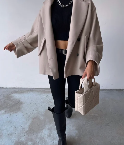 Önü Düğme Kapamalı Oversize Rosana Kadın Taş Kaban