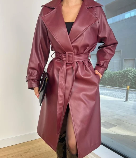 Beli Ve Kol Ucu Kemer Detaylı Sanders Kadın Bordo Deri Kaban