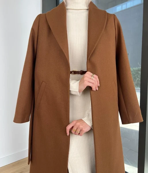 Belden Kuşaklı Yanları Cep Detaylı Stefan Kadın Kahve Kaşe Kaban