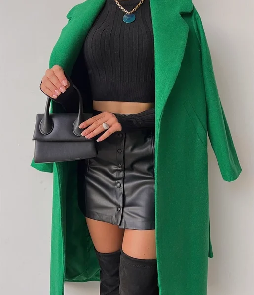 Belden Kuşaklı Yanları Cep Detaylı Stefan Kadın Yeşil Kaşe Kaban