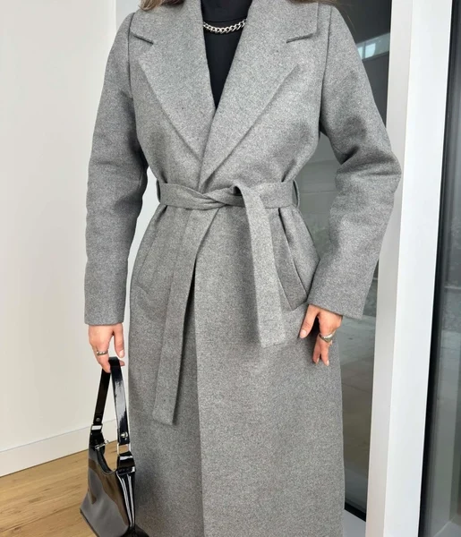 Belden Kuşaklı Tellyy Gri Kadın Kaşe Kaban