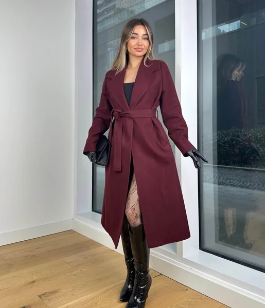 Belden Kuşaklı Tellyy Bordo Kadın Kaşe Kaban