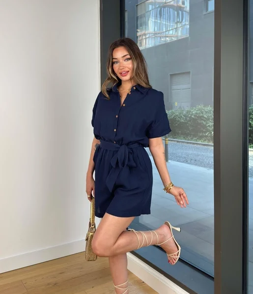 Önü Düğmeli Belden Bağlamalı Teyle Lacivert Kadın Şort Tulum